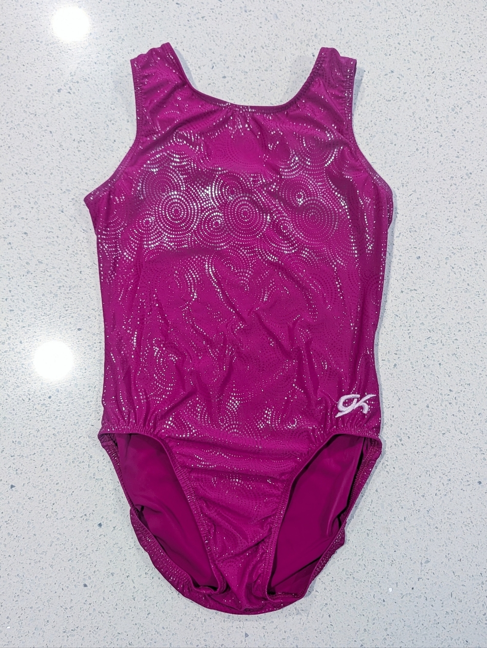 GREAT GK Elite AS Small Gymnastics Dance Leotard Magenta Pink SILVER DOT SWIRLS